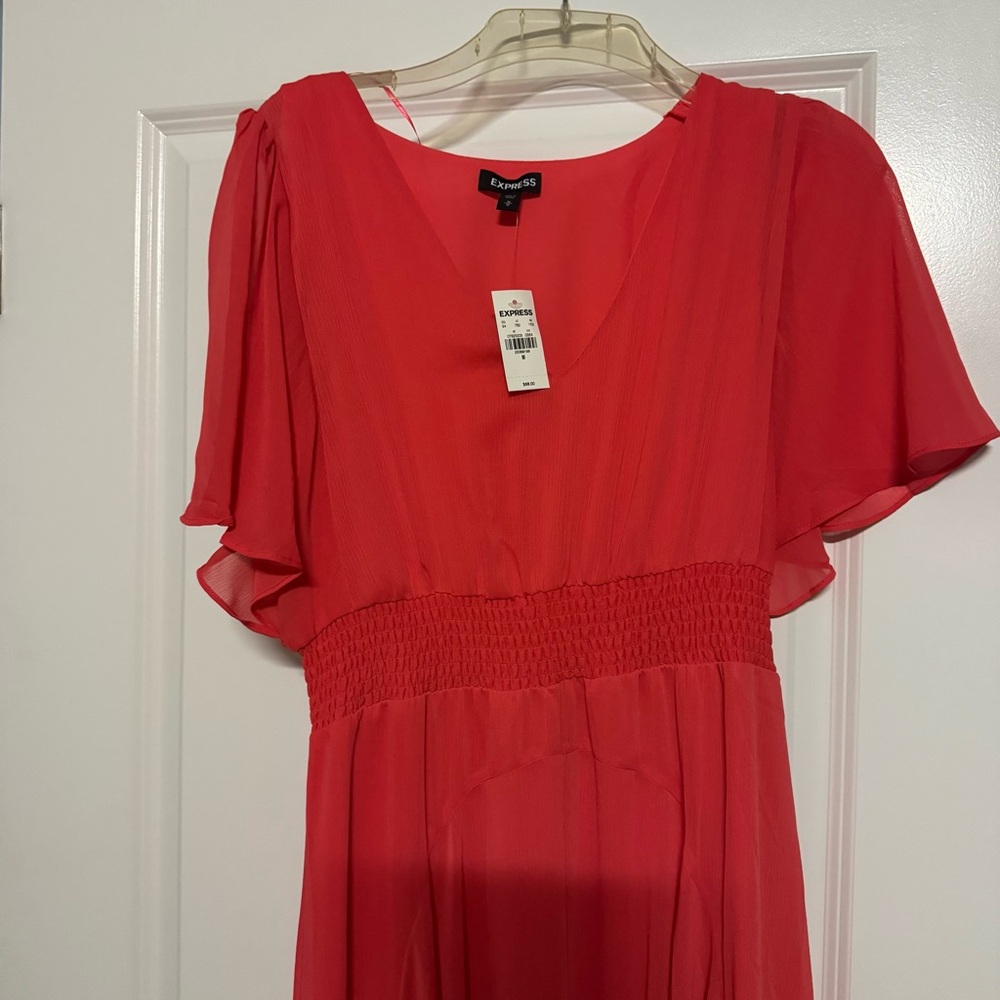 Express Red High Low Sundress with V-Neck and Flutter Sleeves